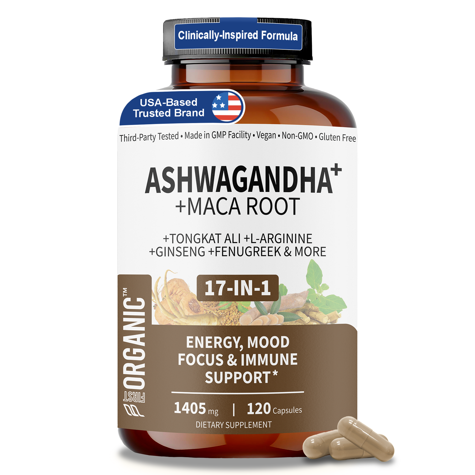 Ashwagandha+ Complex 1405mg | Energy & Stamina Boost | 9-in-1 Synergy with Maca Root, Tribulus, Ginseng & more for Strength & Endurance Support