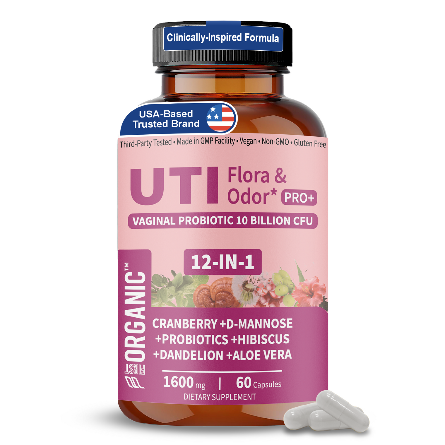UTI Flora & Odor Pro+ | Intimate Freshness & Comfort Support with Cranberry, D-Mannose, Vaginal Probiotic, Hibiscus, Dandelion | Third-party Tested, GMP Facility, Vegan, Non-GMO, Gluten-Free | 60 Caps