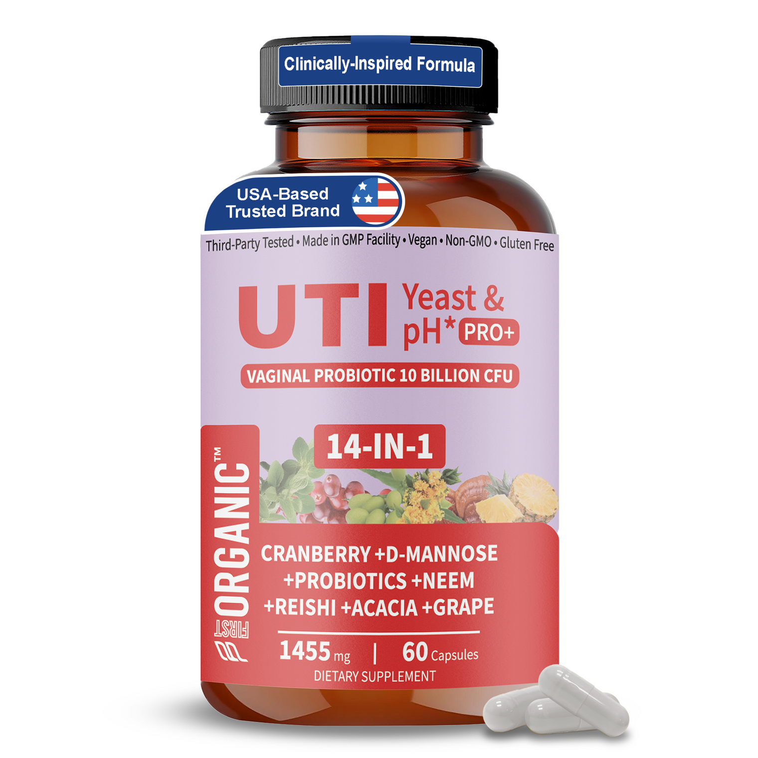 UTI Yeast & pH Pro+ | Daily Feminine Hydration & Balance Support with Cranberry, D-Mannose, Vaginal Probiotic, Neem, Reishi, Acacia | Third-party Tested, GMP Facility, Vegan, Gluten-Free | 60 Caps