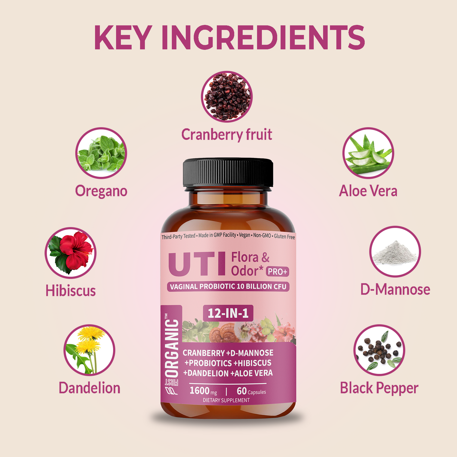 UTI Flora & Odor Pro+ | Intimate Freshness & Comfort Support with Cranberry, D-Mannose, Vaginal Probiotic, Hibiscus, Dandelion | Third-party Tested, GMP Facility, Vegan, Non-GMO, Gluten-Free | 60 Caps