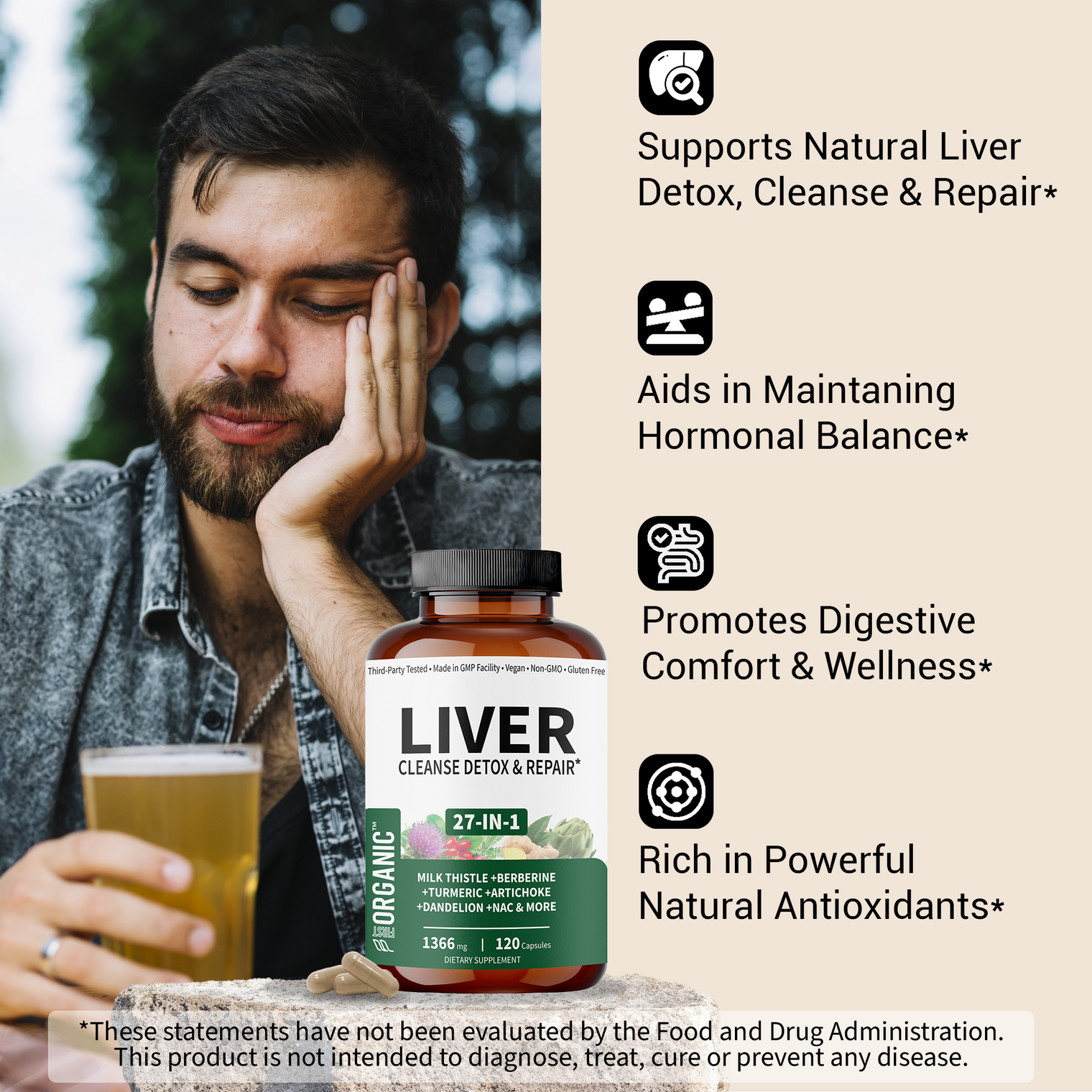 Liver Cleanse Detox & Repair 1366mg | 26-in-1 Synergy with Milk Thistle, Artichoke, Chaga, Dandelion & more | Third-party Tested, Vegan, Non-GMO, Gluten Free | 120 Capsules