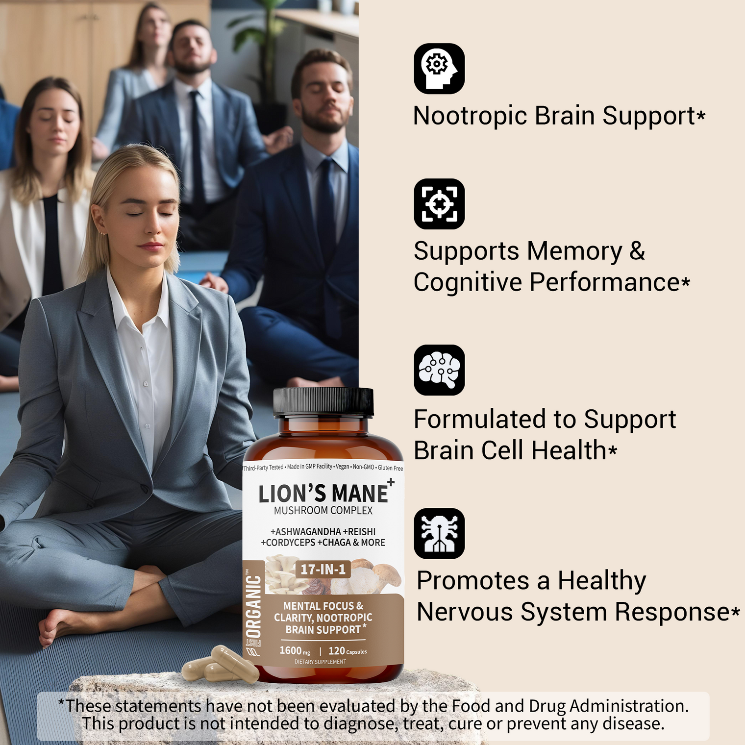 Lion’s Mane Mushroom Complex 1600mg | Cognitive & Immune Support | 17-in-1 Synergy with Reishi, Cordyceps, Chaga & more for Focus & Mental Clarity