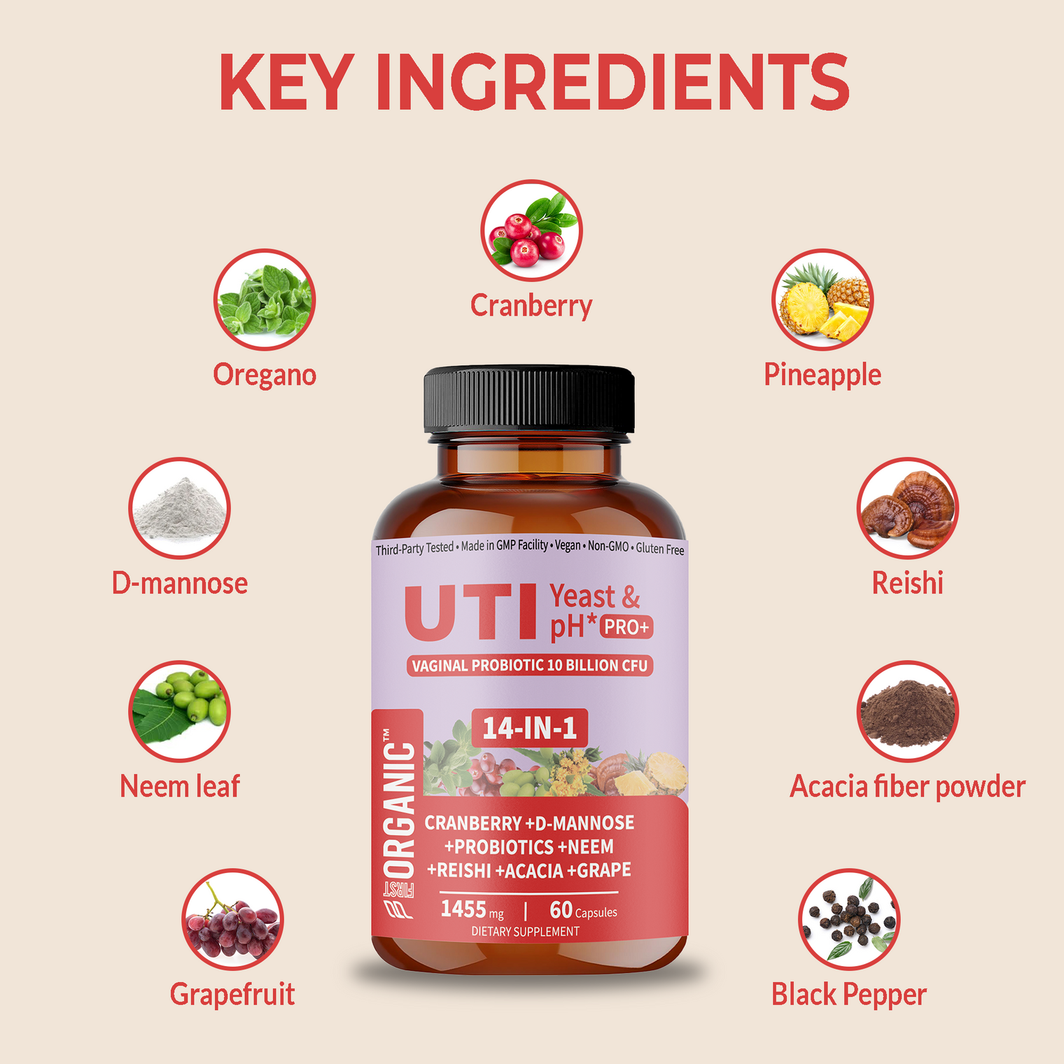 UTI Yeast & pH Pro+ | Daily Feminine Hydration & Balance Support with Cranberry, D-Mannose, Vaginal Probiotic, Neem, Reishi, Acacia | Third-party Tested, GMP Facility, Vegan, Gluten-Free | 60 Caps