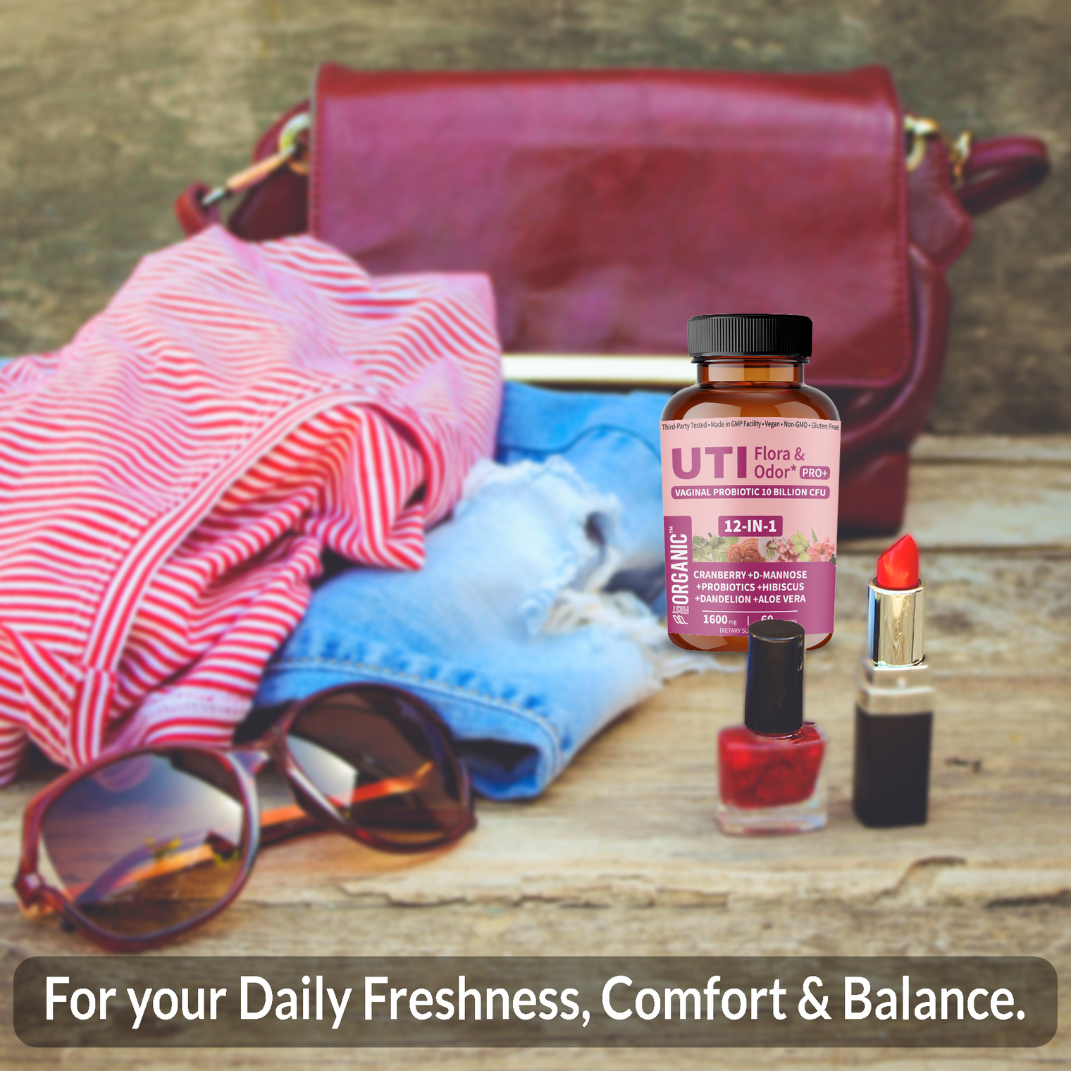 UTI Flora & Odor Pro+ | Intimate Freshness & Comfort Support with Cranberry, D-Mannose, Vaginal Probiotic, Hibiscus, Dandelion | Third-party Tested, GMP Facility, Vegan, Non-GMO, Gluten-Free | 60 Caps