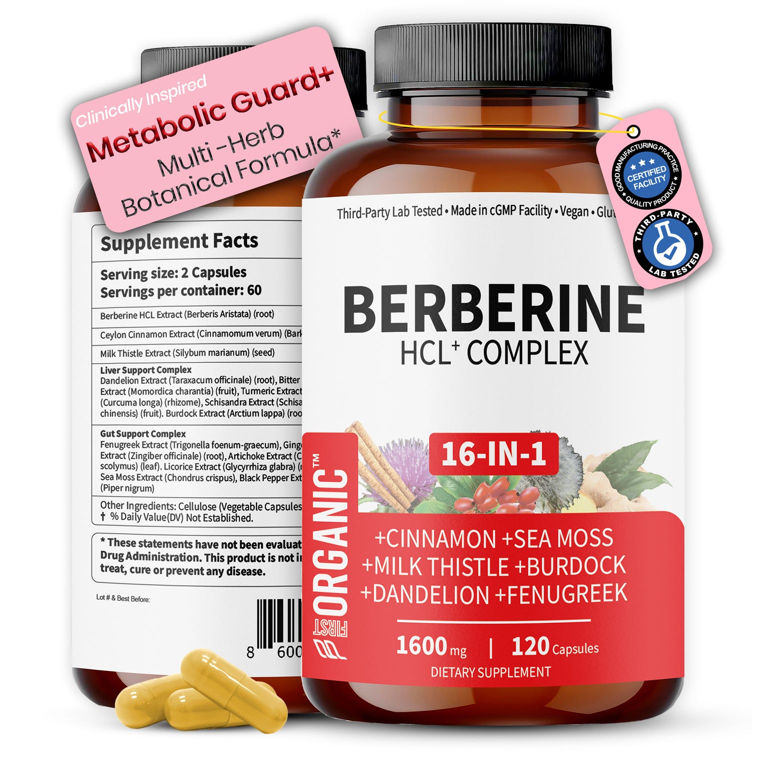Premium Metabolic Guard+ Complex | Multi-Ingredient Botanical Blend with Berberine HCL, Cinnamon, Milk Thistle, NAC & Zinc | Plant-Based Daily Liver & Gut Formula | Third-Party Lab Tested, Vegan, Non-GMO, Gluten-Free, 60/120 Caps