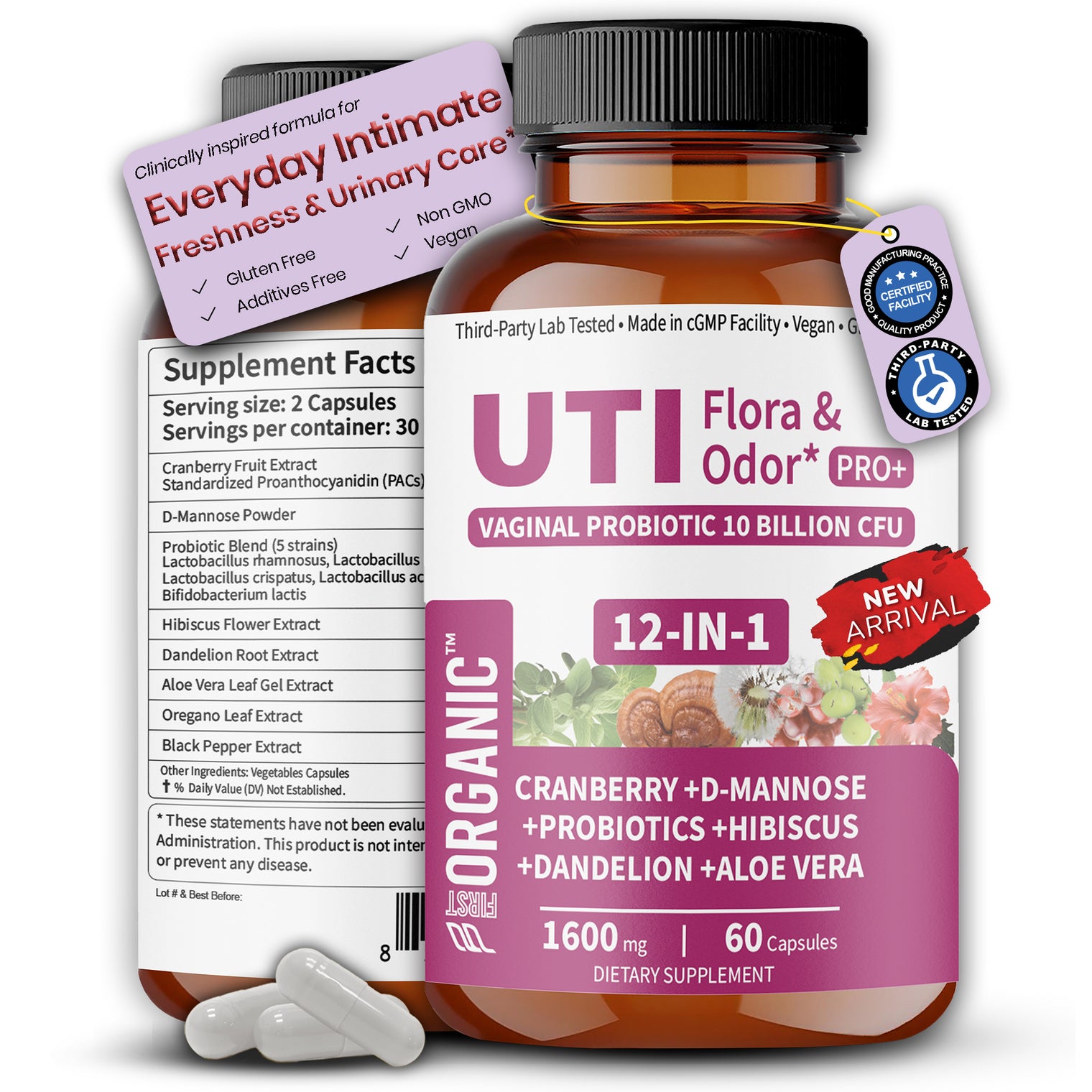 Women’s Advanced Intimate Care Probiotic | Vaginal Microflora & Daily Support for Urinary Tract, Yeast, Odor & pH Balance | Cranberry, D-Mannose & Hibiscus | Vegan, Non-GMO, 3rd-Party Tested, 60Caps