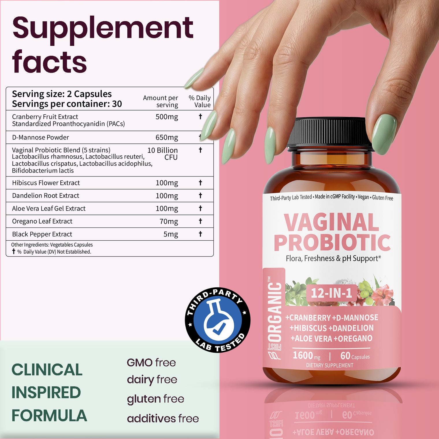 Women’s Vaginal Microflora Probiotic Complex | Everyday Freshness & Comfort Formula | 12-in-1 Blend with Cranberry, D-Mannose & Hibiscus | Third-Party Tested, cGMP Facility, Vegan, Non-GMO, 60 Caps