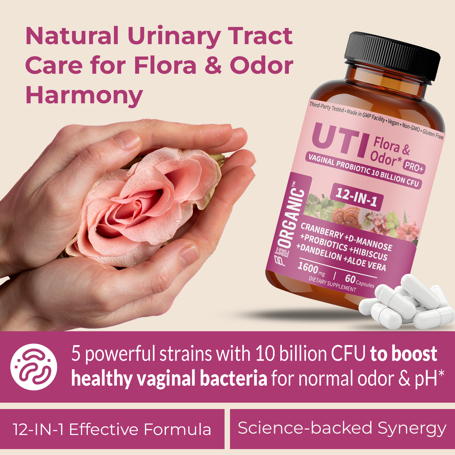 UTI Flora & Odor Pro+ | Intimate Freshness & Comfort Support with Cranberry, D-Mannose, Vaginal Probiotic, Hibiscus, Dandelion | Third-party Tested, GMP Facility, Vegan, Non-GMO, Gluten-Free | 60 Caps