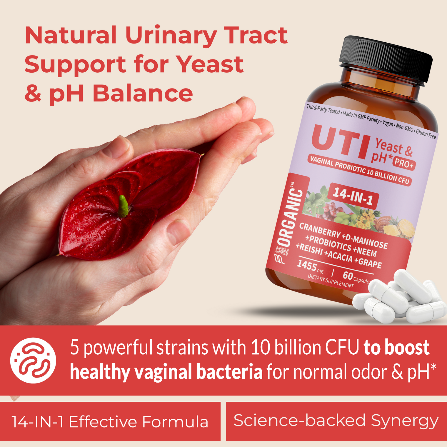 UTI Yeast & pH Pro+ | Daily Feminine Hydration & Balance Support with Cranberry, D-Mannose, Vaginal Probiotic, Neem, Reishi, Acacia | Third-party Tested, GMP Facility, Vegan, Gluten-Free | 60 Caps