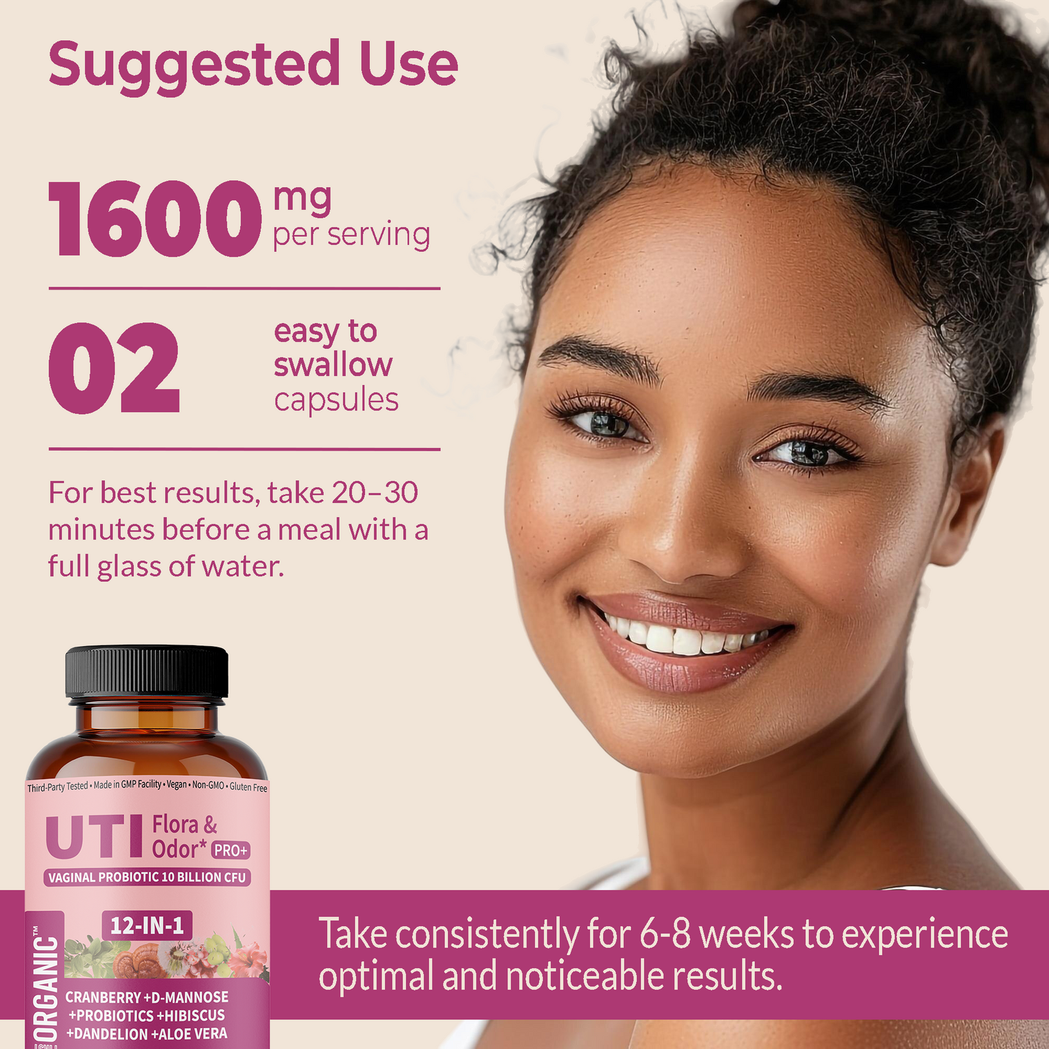UTI Flora & Odor Pro+ | Intimate Freshness & Comfort Support with Cranberry, D-Mannose, Vaginal Probiotic, Hibiscus, Dandelion | Third-party Tested, GMP Facility, Vegan, Non-GMO, Gluten-Free | 60 Caps