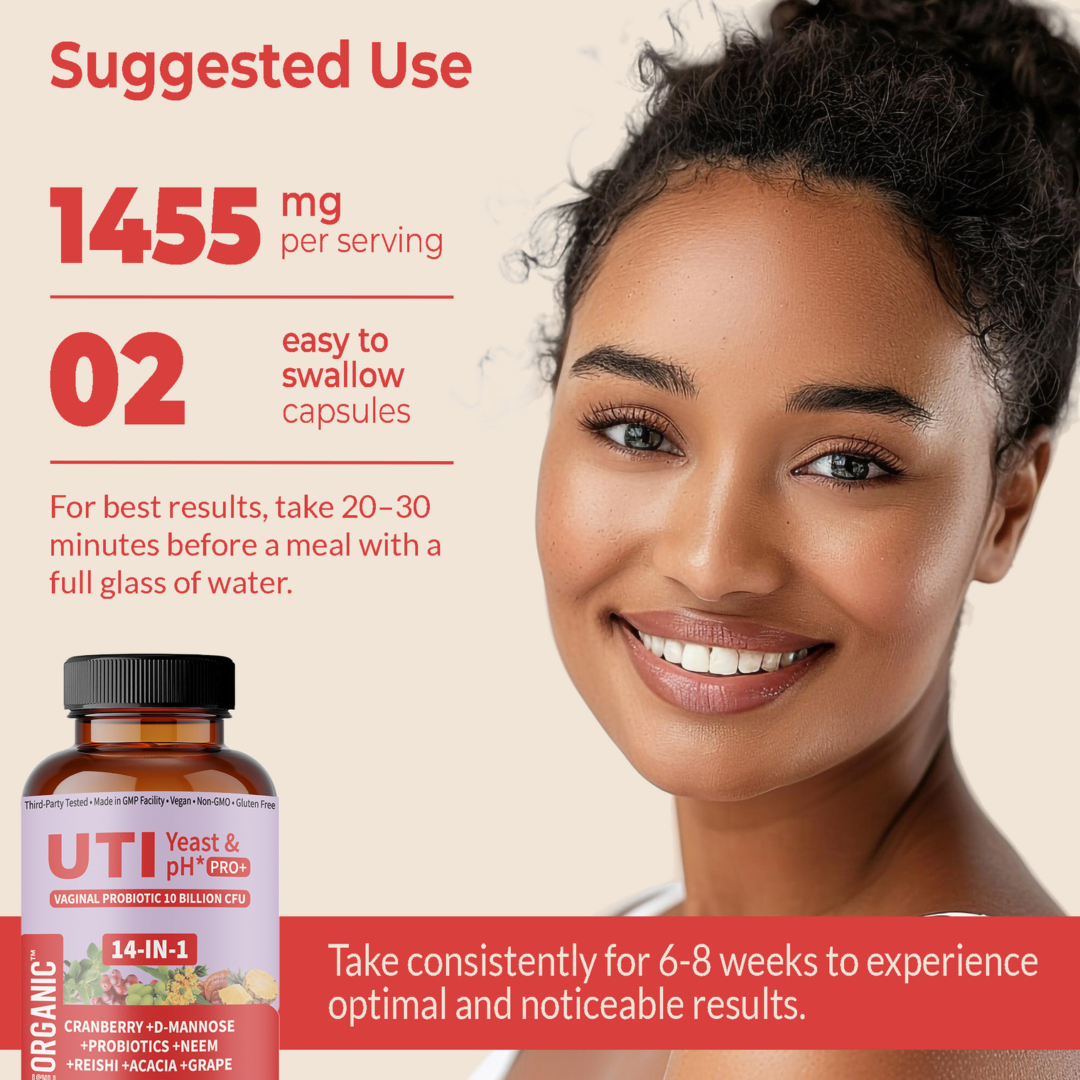 UTI Yeast & pH Pro+ | Daily Feminine Hydration & Balance Support with Cranberry, D-Mannose, Vaginal Probiotic, Neem, Reishi, Acacia | Third-party Tested, GMP Facility, Vegan, Gluten-Free | 60 Caps