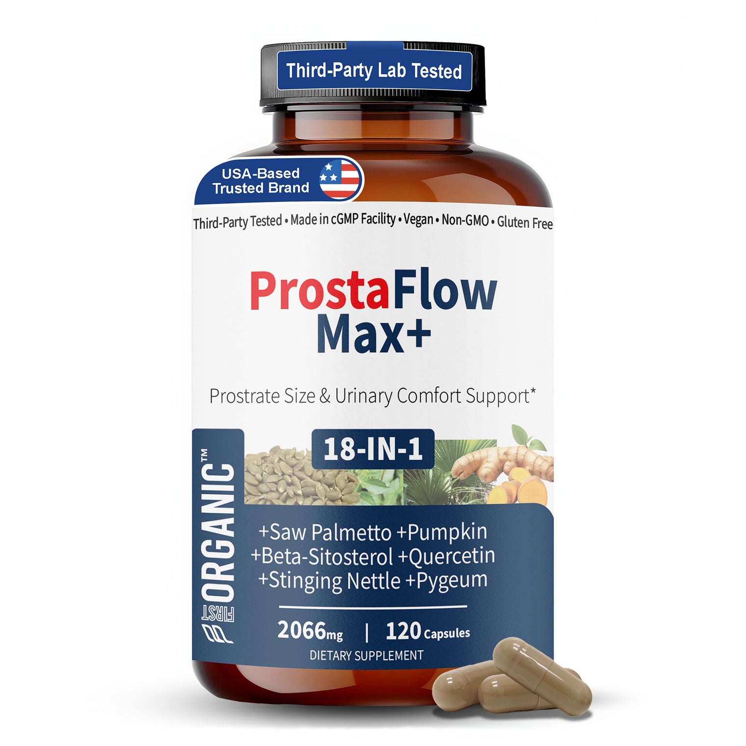 ProstaFlow Max+ | Men’s Herbal Blend | Prostate Size & Urinary Comfort Support | Third-party Lab Tested, Vegan, Non-GMO, Gluten Free | 120 Capsules