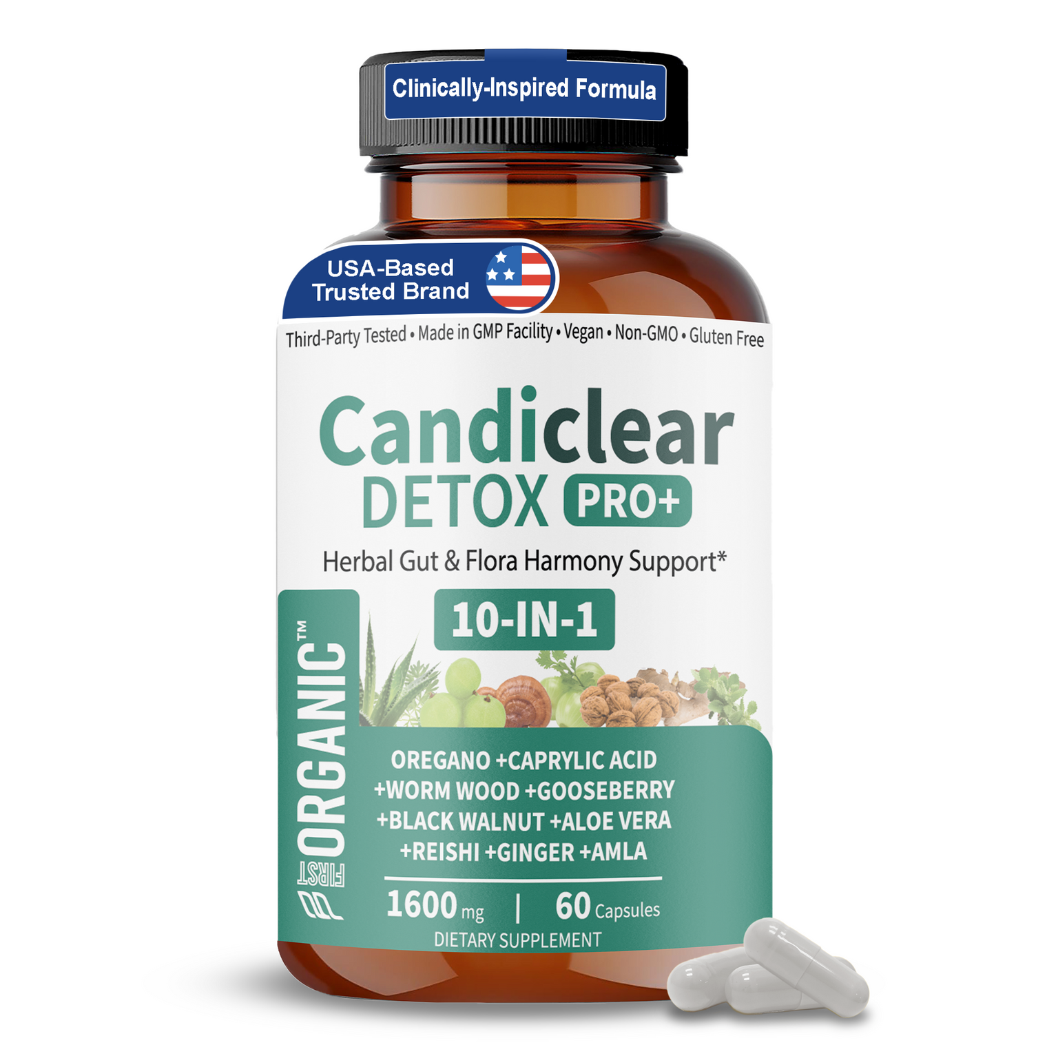 Candiclear Detox Pro+ | Gut & Candida Balance Support | Oregano, Caprylic Acid, Anise, Black Walnut, Reishi, Aloe | Third-Party Tested, GMP Facility, Vegan, Non-GMO, Gluten-Free | 60 Caps