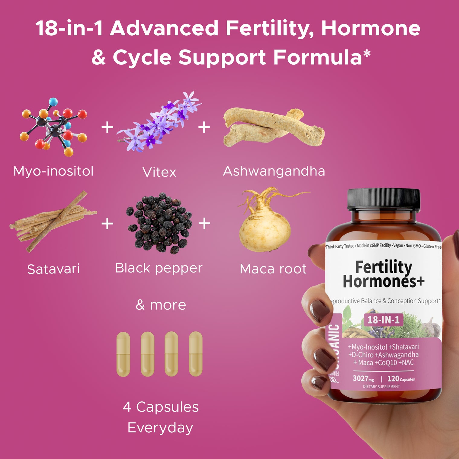 Fertility Hormones+ | Women’s Wellness Herbal Blend | Reproductive Balance & Conception Support | Third-party Tested, Vegan, Non-GMO, Gluten Free | 120 Capsules