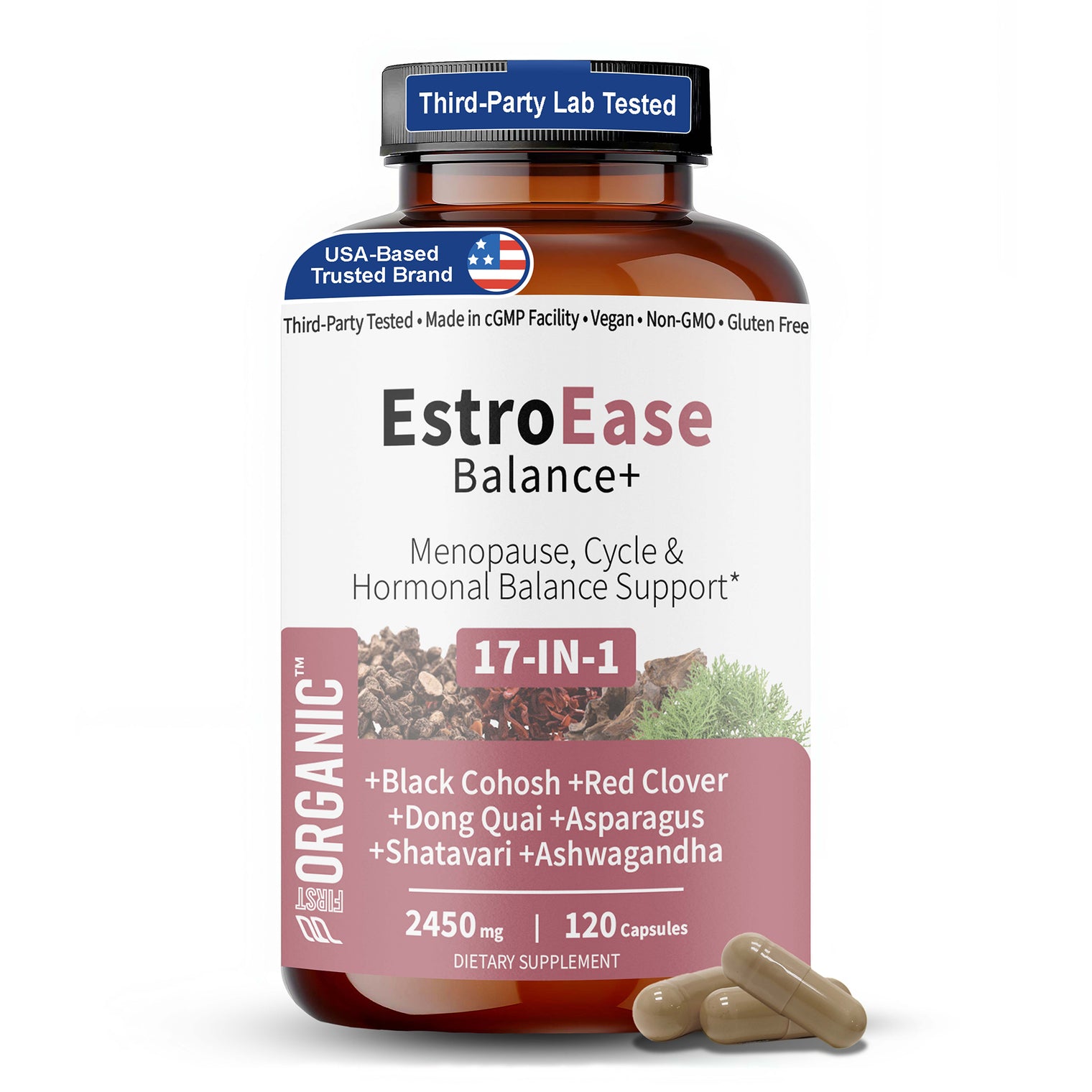 EstroEase Balance+ | Plant-Based Women’s Wellness Formula | Menopause, Cycle & Hormonal Balance Support | Third-party Tested, Vegan, Non-GMO, Gluten Free | 120 Capsules