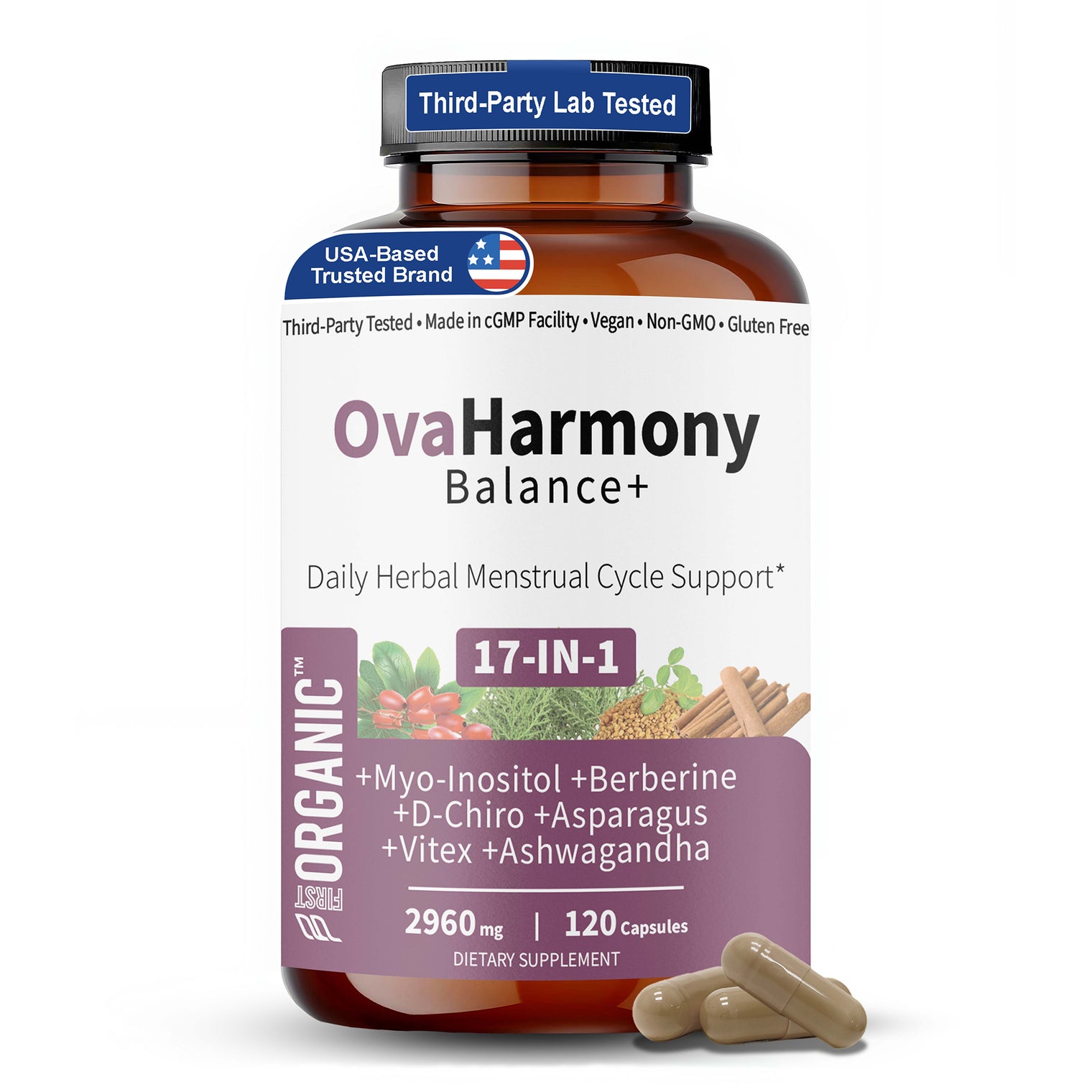 OvaHarmony Balance+ | Herbal Feminine Fertility, PCOD/ PCOS & Cycle Support | Third-Party Tested, Vegan, Non-GMO, Gluten Free | 120 Capsules
