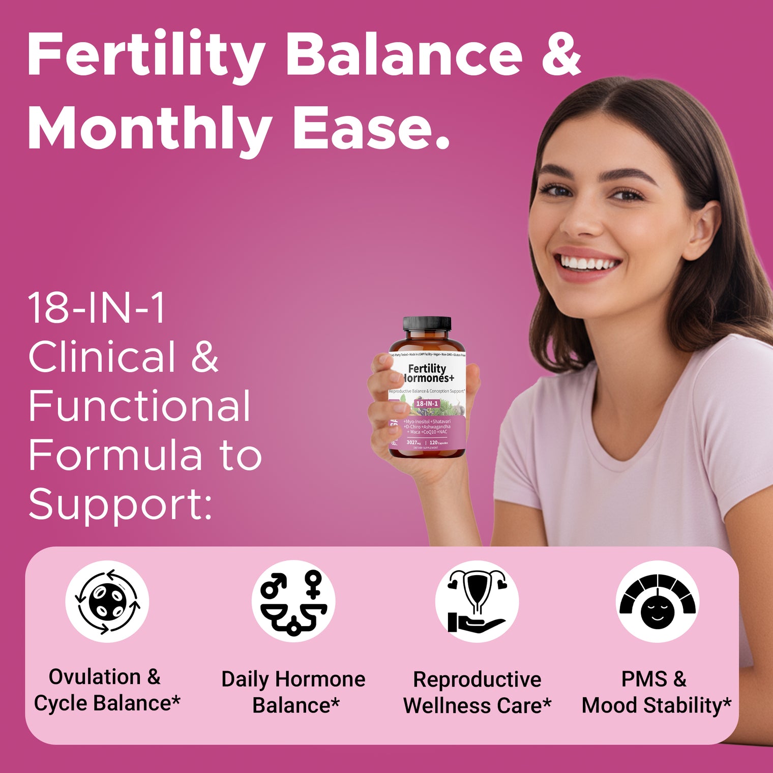 Fertility Hormones+ | Women’s Wellness Herbal Blend | Reproductive Balance & Conception Support | Third-party Tested, Vegan, Non-GMO, Gluten Free | 120 Capsules