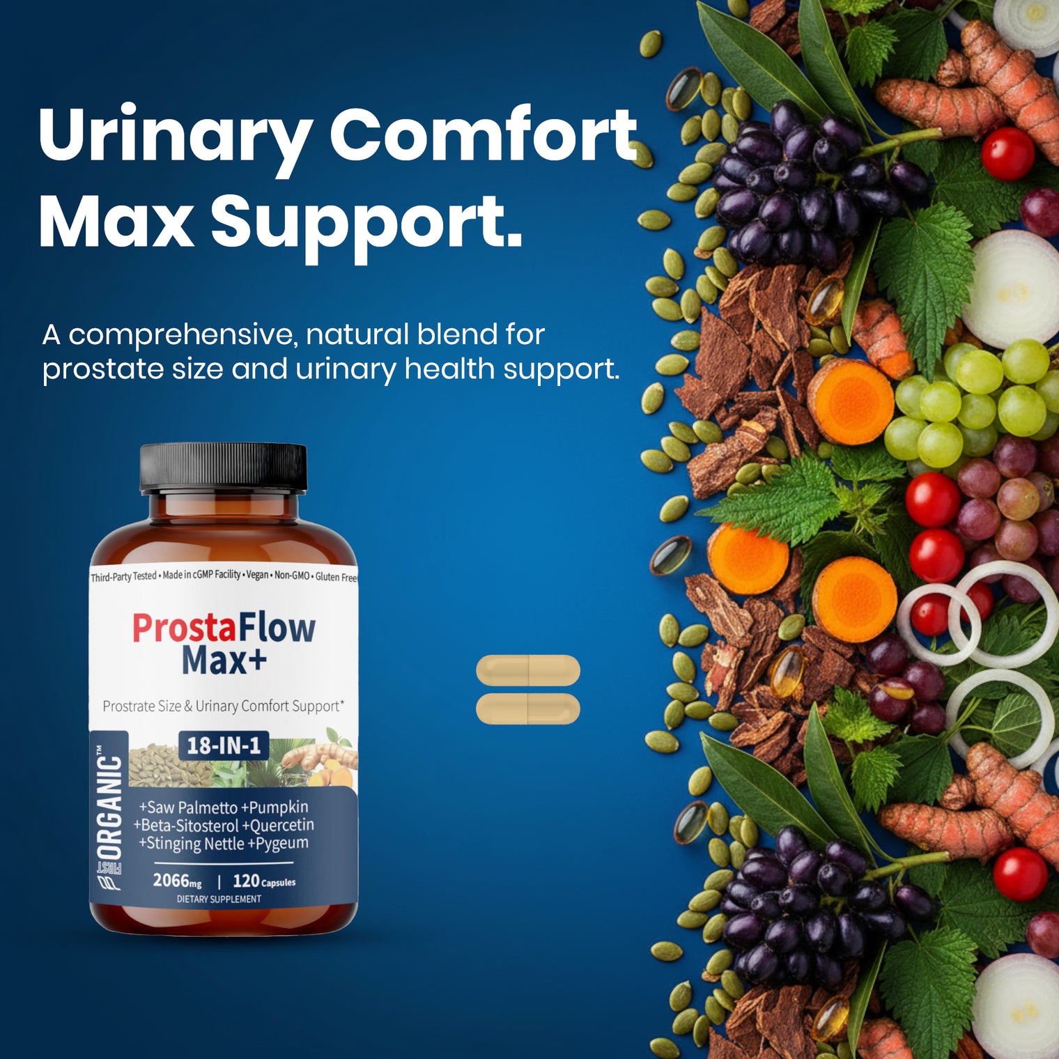 ProstaFlow Max+ | Men’s Herbal Blend | Prostate Size & Urinary Comfort Support | Third-party Lab Tested, Vegan, Non-GMO, Gluten Free | 120 Capsules