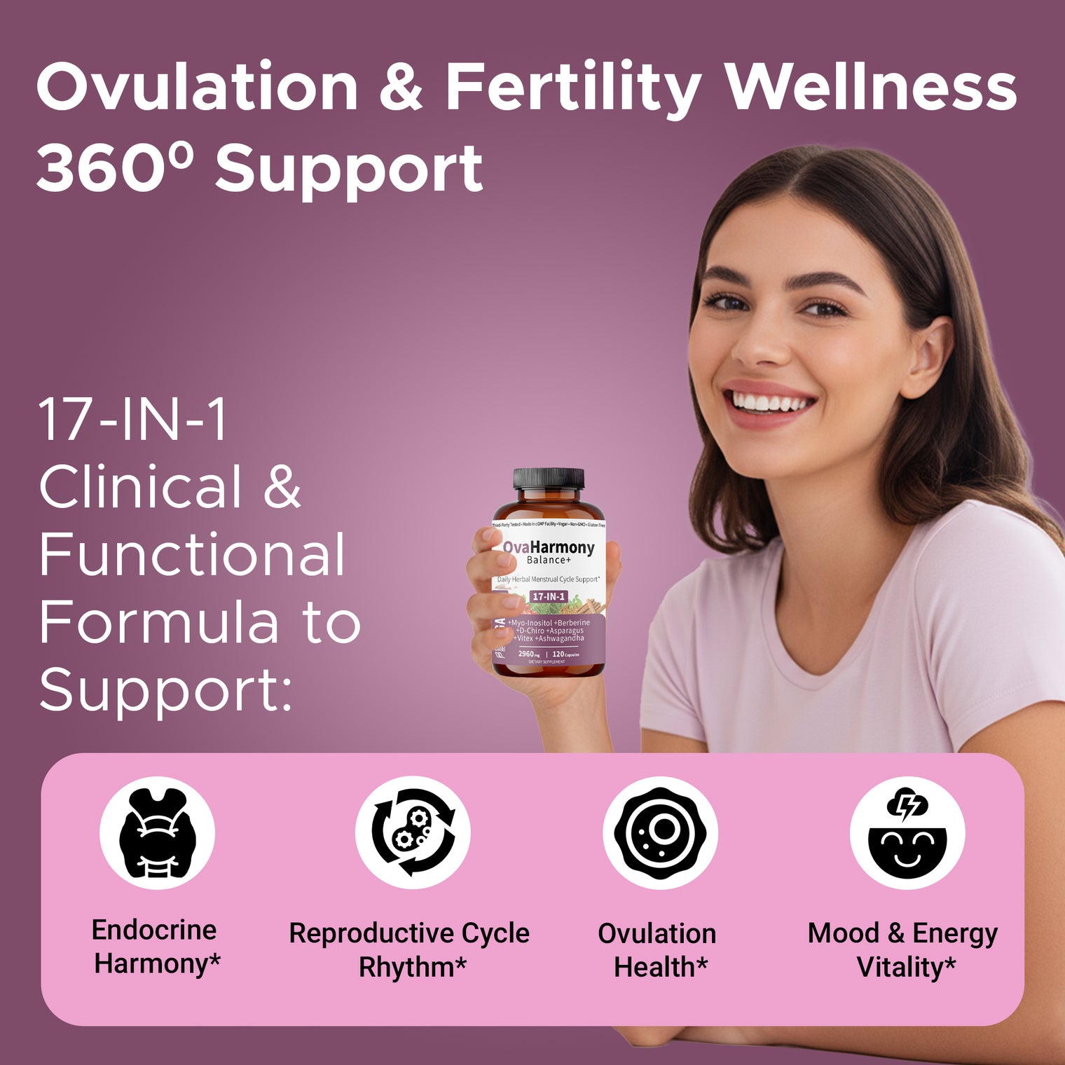 OvaHarmony Balance+ | Herbal Feminine Fertility, PCOD/ PCOS & Cycle Support | Third-Party Tested, Vegan, Non-GMO, Gluten Free | 120 Capsules