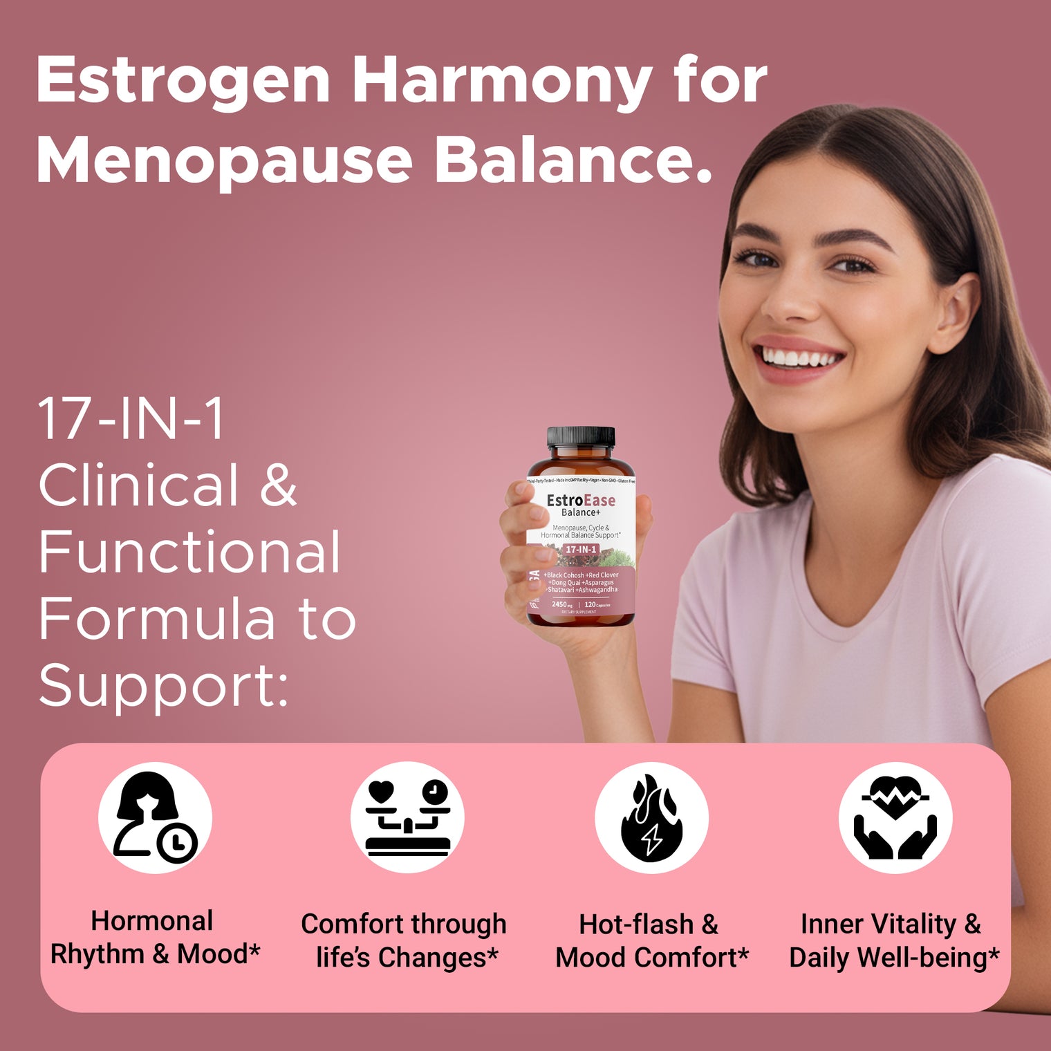 EstroEase Balance+ | Plant-Based Women’s Wellness Formula | Menopause, Cycle & Hormonal Balance Support | Third-party Tested, Vegan, Non-GMO, Gluten Free | 120 Capsules