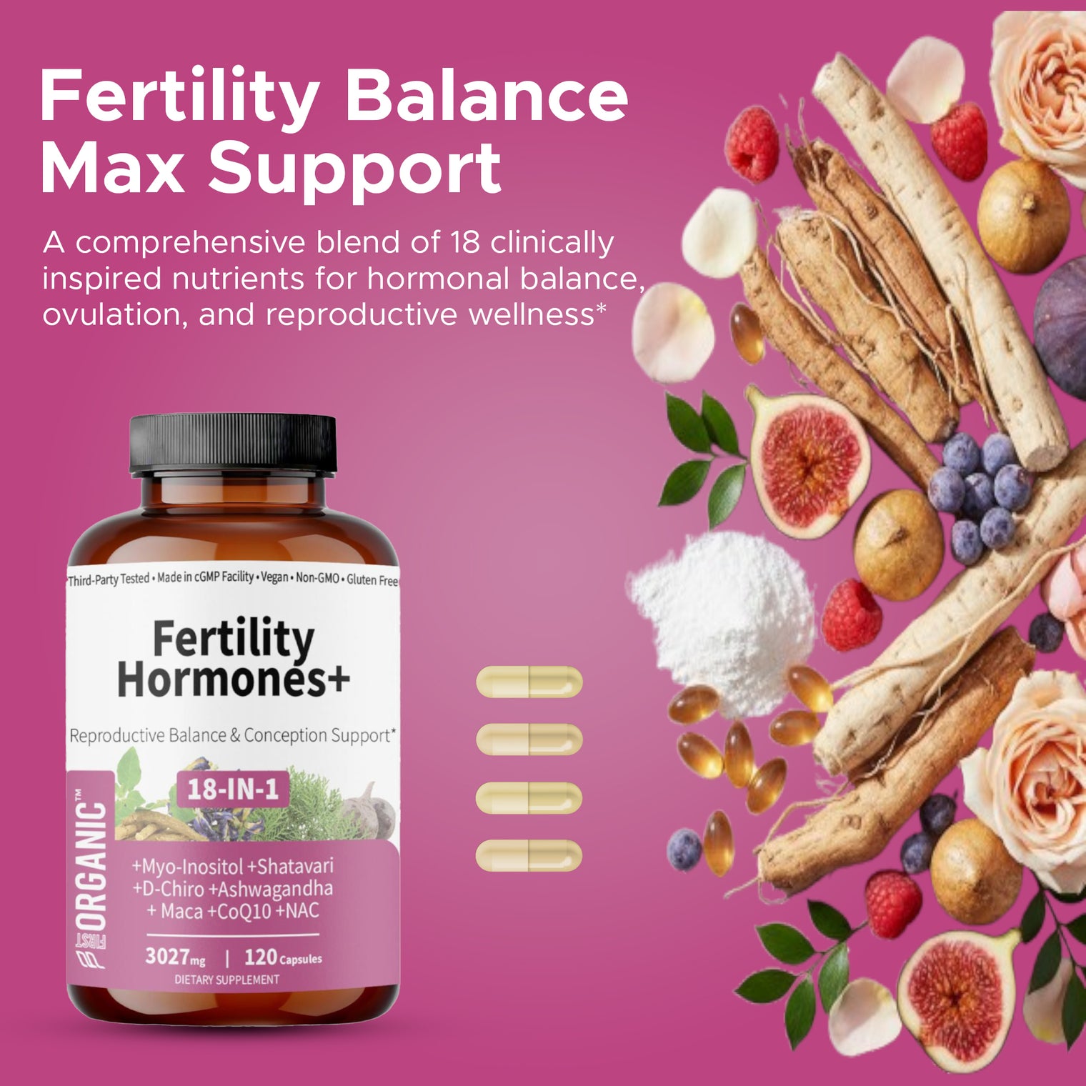 Fertility Hormones+ | Women’s Wellness Herbal Blend | Reproductive Balance & Conception Support | Third-party Tested, Vegan, Non-GMO, Gluten Free | 120 Capsules