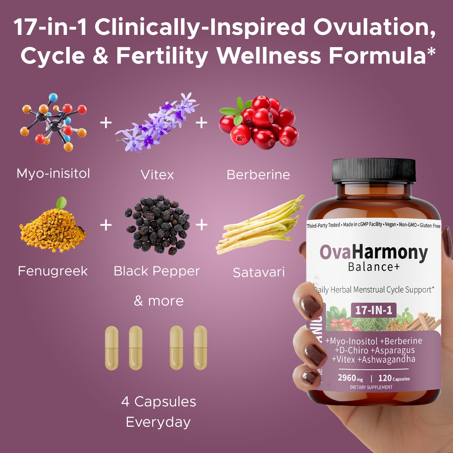 OvaHarmony Balance+ | Herbal Feminine Fertility, PCOD/ PCOS & Cycle Support | Third-Party Tested, Vegan, Non-GMO, Gluten Free | 120 Capsules