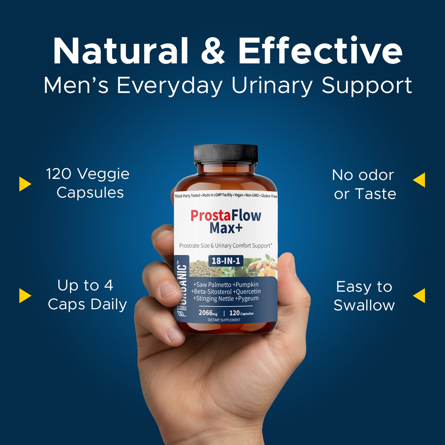 ProstaFlow Max+ | Men’s Herbal Blend | Prostate Size & Urinary Comfort Support | Third-party Lab Tested, Vegan, Non-GMO, Gluten Free | 120 Capsules