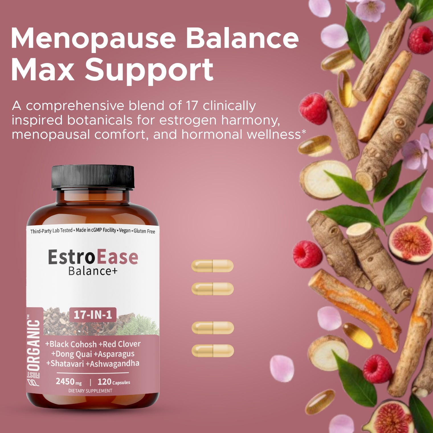 EstroEase Balance+ | Plant-Based Women’s Wellness Formula | Menopause, Cycle & Hormonal Balance Support | Third-party Tested, Vegan, Non-GMO, Gluten Free | 120 Capsules