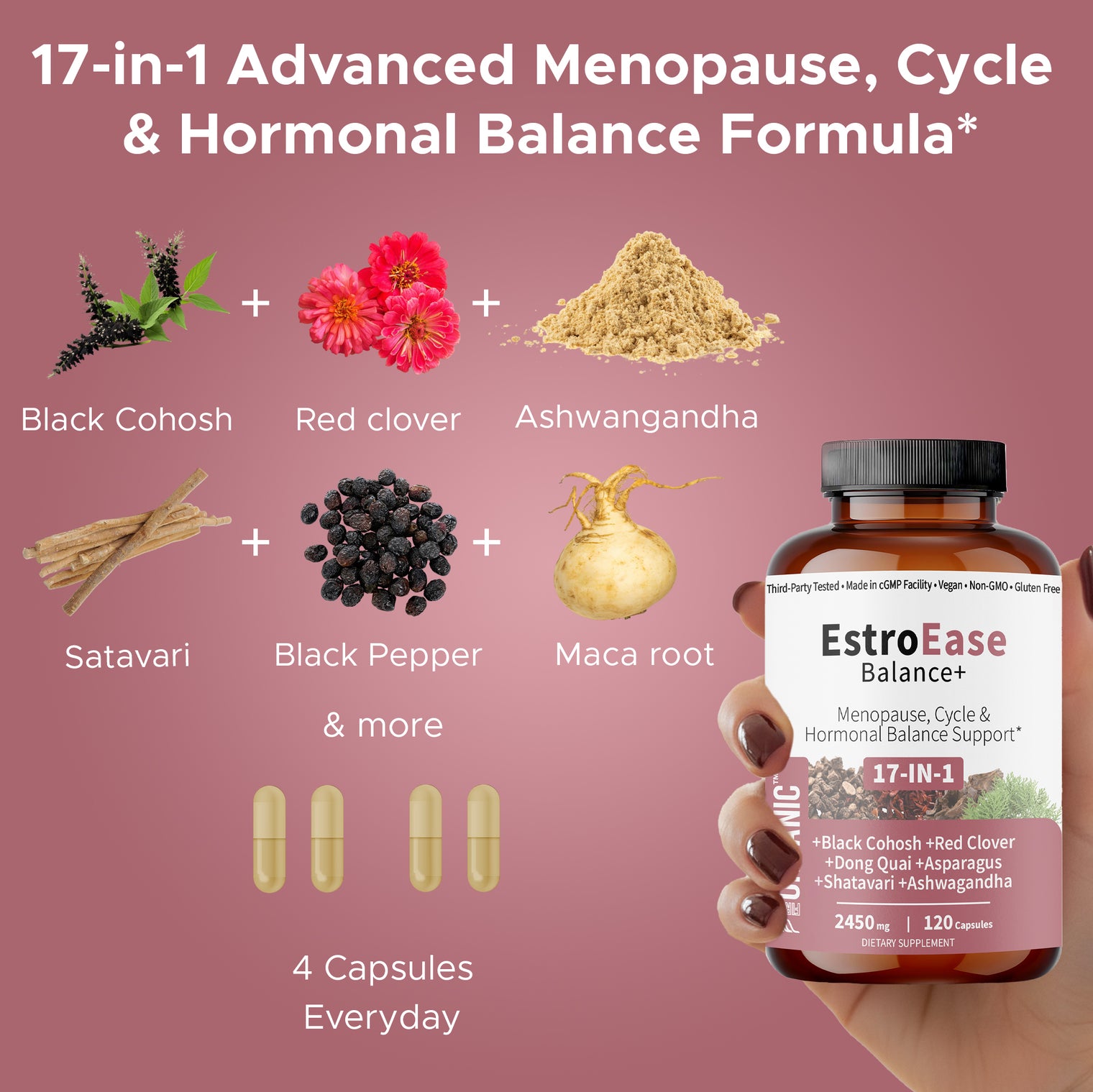 EstroEase Balance+ | Plant-Based Women’s Wellness Formula | Menopause, Cycle & Hormonal Balance Support | Third-party Tested, Vegan, Non-GMO, Gluten Free | 120 Capsules