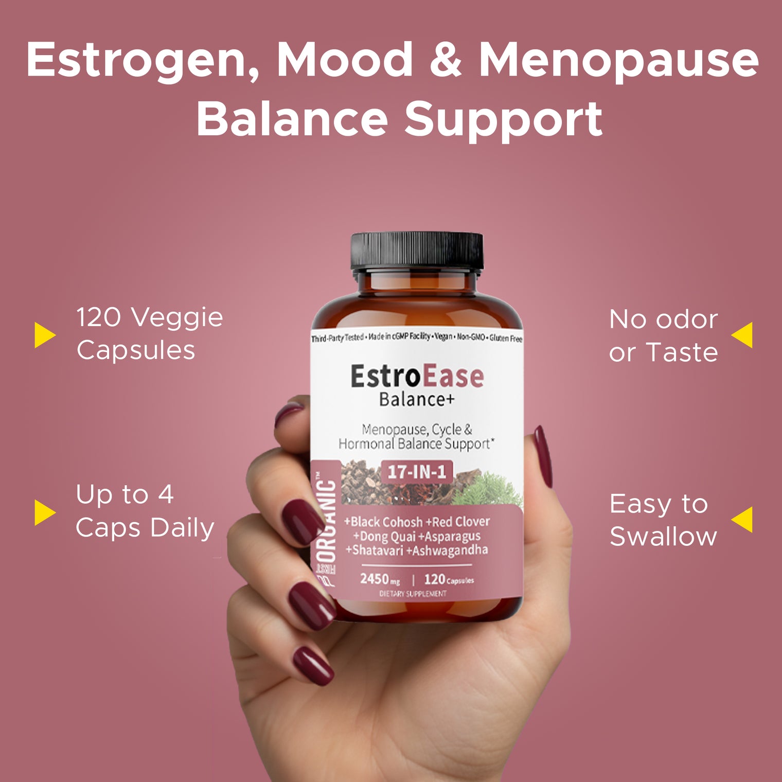 EstroEase Balance+ | Plant-Based Women’s Wellness Formula | Menopause, Cycle & Hormonal Balance Support | Third-party Tested, Vegan, Non-GMO, Gluten Free | 120 Capsules