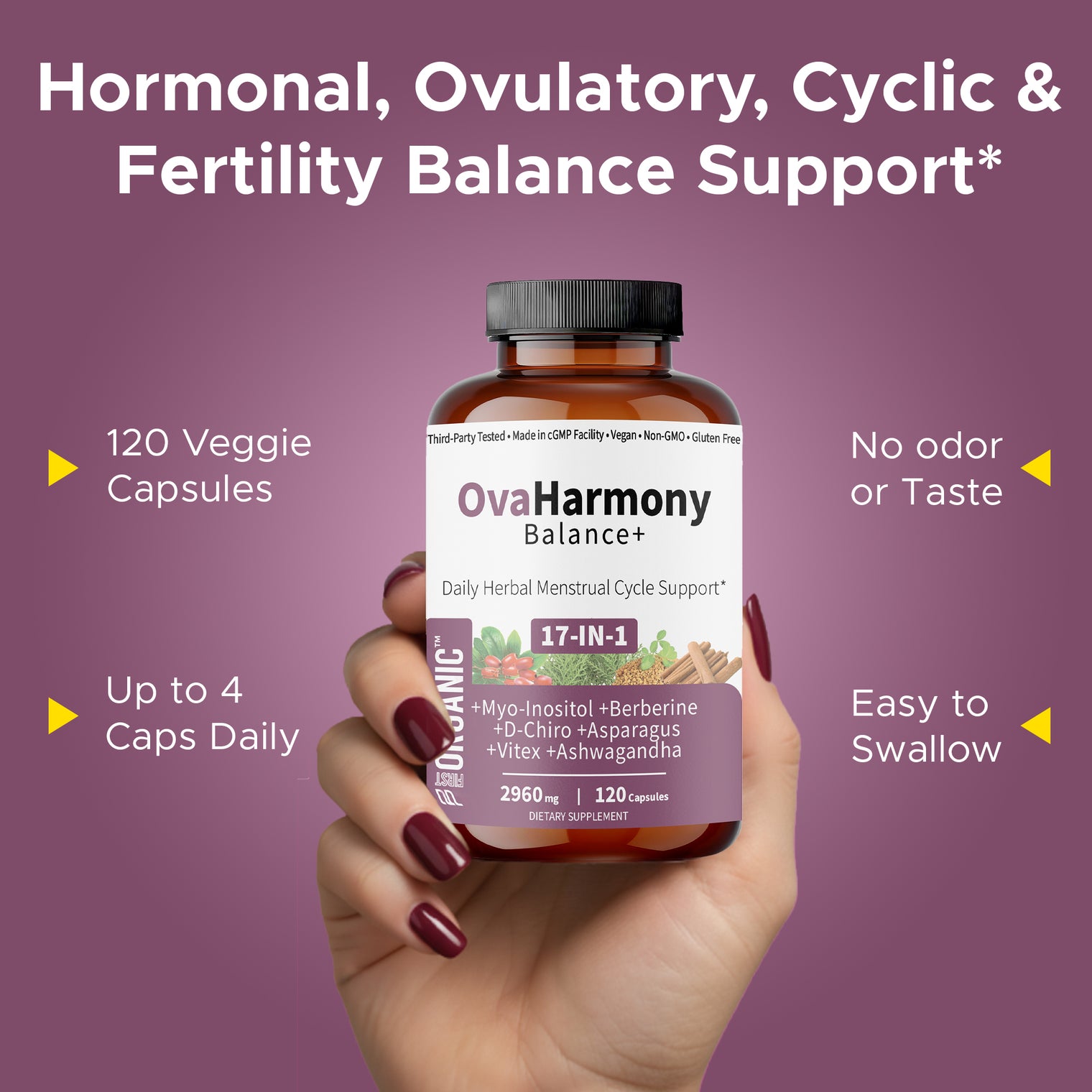 OvaHarmony Balance+ | Herbal Feminine Fertility, PCOD/ PCOS & Cycle Support | Third-Party Tested, Vegan, Non-GMO, Gluten Free | 120 Capsules