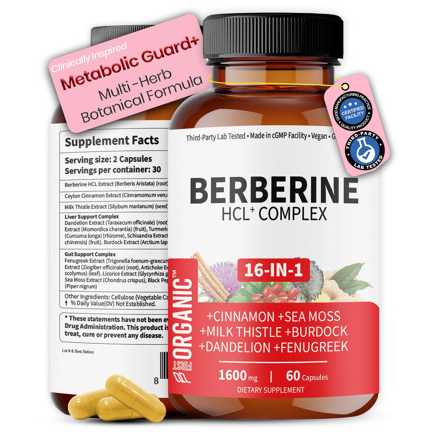 Premium Metabolic Guard+ Complex | Multi-Ingredient Botanical Blend with Berberine HCL, Cinnamon, Milk Thistle, NAC & Zinc | Plant-Based Daily Liver & Gut Formula | Third-Party Lab Tested, Vegan, Non-GMO, Gluten-Free, 60/120 Caps