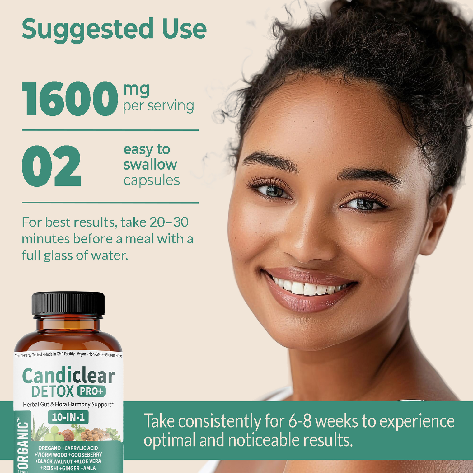 Candiclear Detox Pro+ | Gut & Candida Balance Support | Oregano, Caprylic Acid, Anise, Black Walnut, Reishi, Aloe | Third-Party Tested, GMP Facility, Vegan, Non-GMO, Gluten-Free | 60 Caps