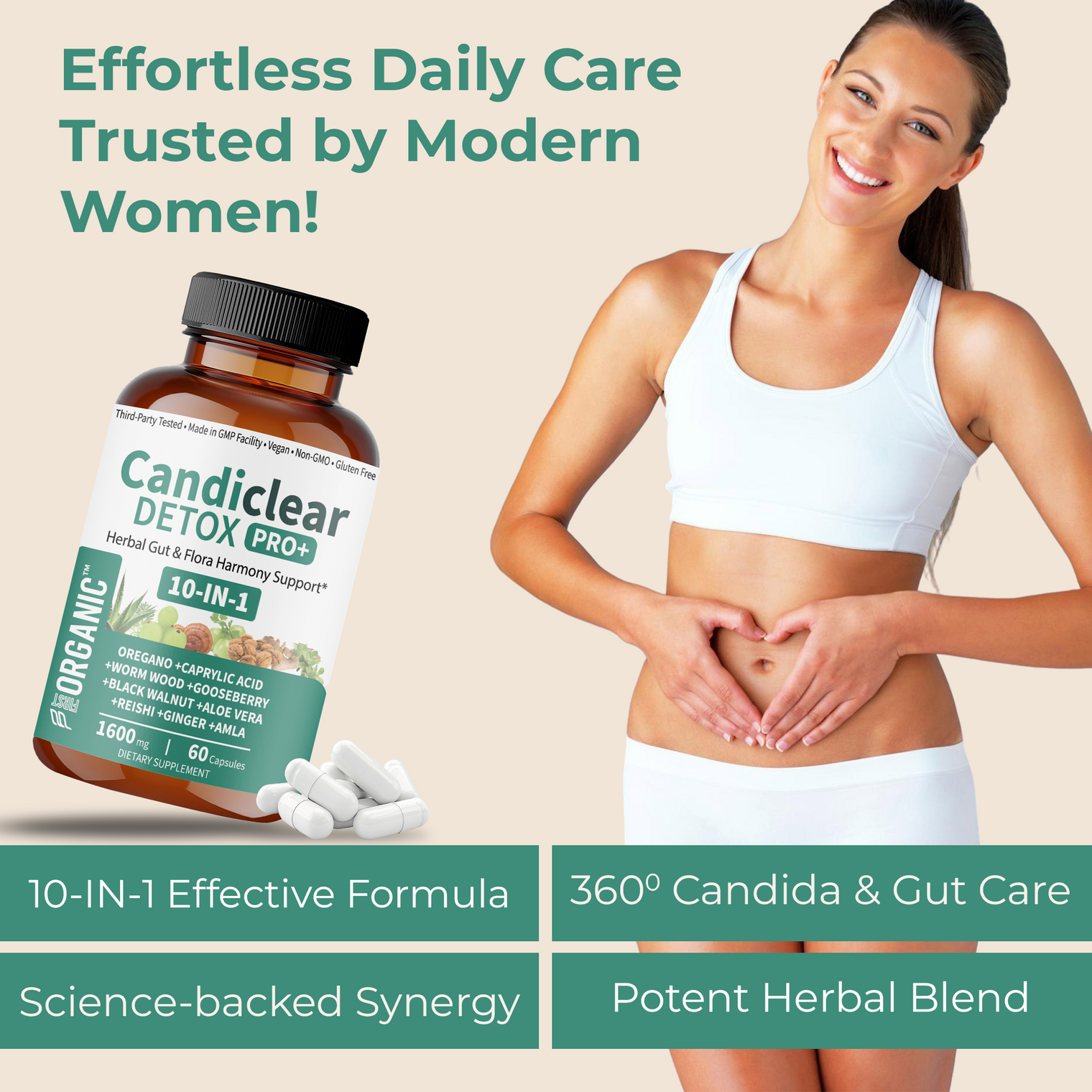 Candiclear Detox Pro+ | Gut & Candida Balance Support | Oregano, Caprylic Acid, Anise, Black Walnut, Reishi, Aloe | Third-Party Tested, GMP Facility, Vegan, Non-GMO, Gluten-Free | 60 Caps