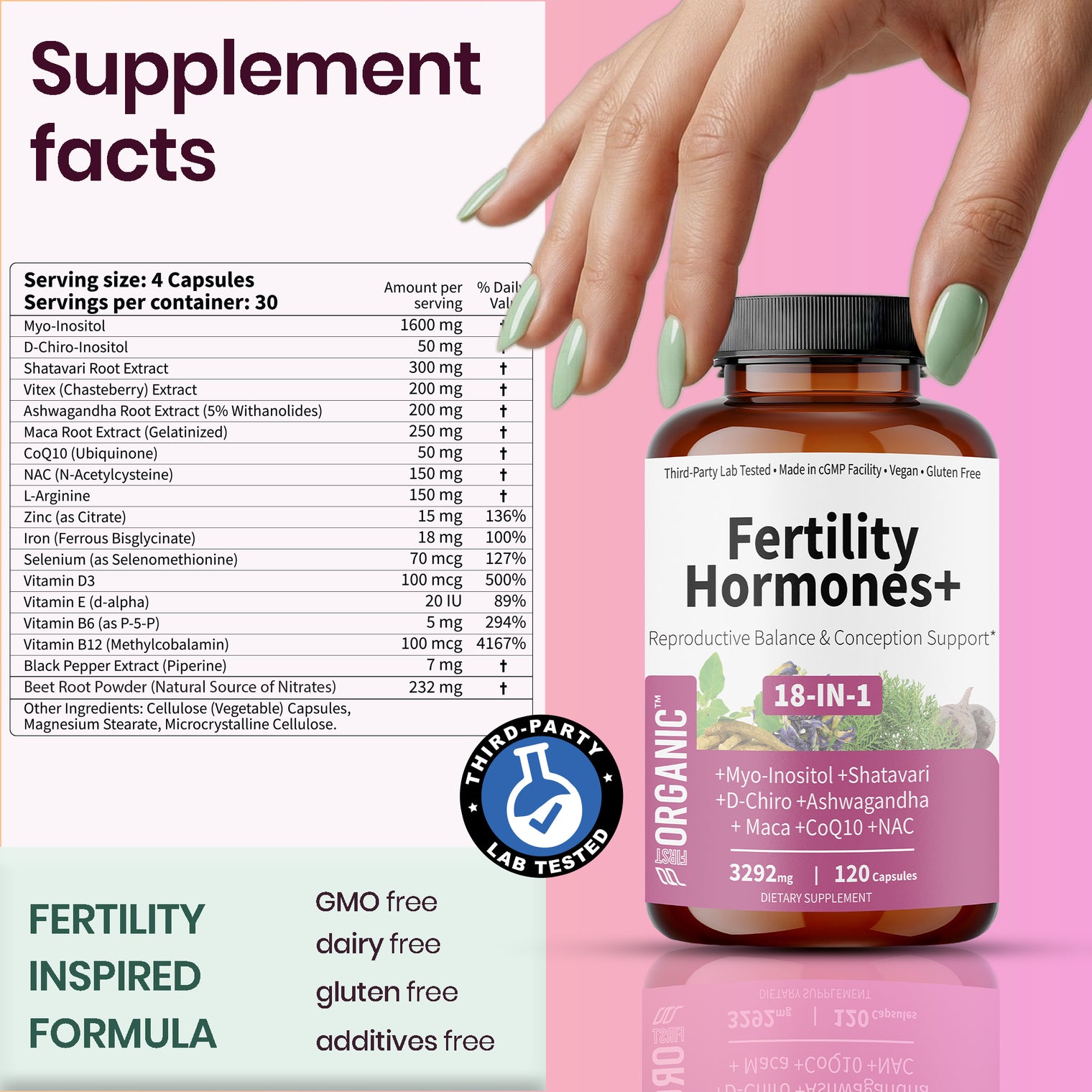 Women’s Fertility, Ovulation & Cycle Support for Reproductive Balance & Conception | Inositol Blend with Myo-Inositol, D-Chiro, Vitex & Shatavari | PCOS & Hormone Balance | Vegan, Non-GMO, 120 Caps